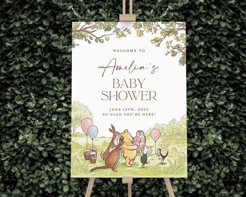 Puede incluir: Un cartel de bienvenida para una baby shower con tem&aacute;tica de Winnie the Pooh con fondo blanco y follaje verde. El cartel dice "Bienvenido a la Baby Shower de Amelia 19 de junio de 2026 &iexcl;Encantados de que est&eacute;s aqu&iacute;!" y presenta a Winnie the Pooh, Piglet, Tigger, Eeyore, Owl y Rabbit.