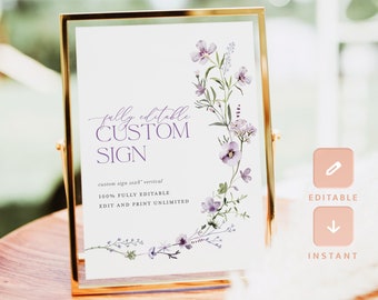 Modelo de sinal de casamento personalizado floral Boho, sinal de decoração de mesa de recepção de lavanda, sinal personalizado de chá de panela imprimível lilás, Lana