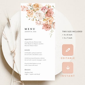 Boho Dusty Rose bruiloft menusjabloon, bloemen Blush roze receptie menukaarten, elegante tuin moderne dinermenu, Instant Download