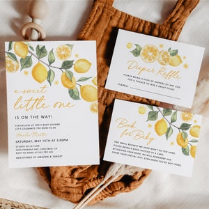 Szablon zaproszenia na baby shower w kształcie słodkiego małego cytrynowego dziecka, zestaw na baby shower w kształcie cytrusów, drukowane edytowalne zaproszenia w kształcie żółtych kwiatów, pobierz