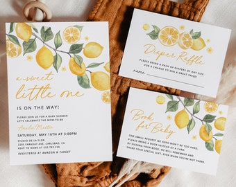 A Sweet Little One Lemon Baby Shower Invitation Set Template, Citrus Baby Shower Bundle, Printable Editable Yellow Blossom Invites, Download