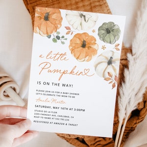 Little Pumpkin Baby Shower Invitation Template, Editable Invites, Fall Autumn Rustic Gender Neutral Baby Shower, Digital Instant Download