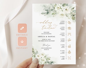 White Floral Custom Wedding Party Timeline Template, Sage Editable Itinerary, Printable Wedding Day Schedule Card, Wedding Agenda, Elena