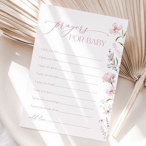 Oraciones florales rosas para tarjetas de bebé, deseos imprimibles para bebé, juegos de baby shower editables Boho Blush Pink Wildflower, descarga instantánea