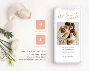 Moving Announcement New Address Electronic Postcard, Moving Photo SMS, Greenery We have moved eCard Phone Template