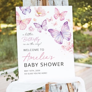 Schmetterling Baby Shower Willkommensschild Vorlage, rosa lila Baby Brunch Schild zum Ausdrucken, ein kleiner Schmetterling Blumen Willkommen Poster, Download