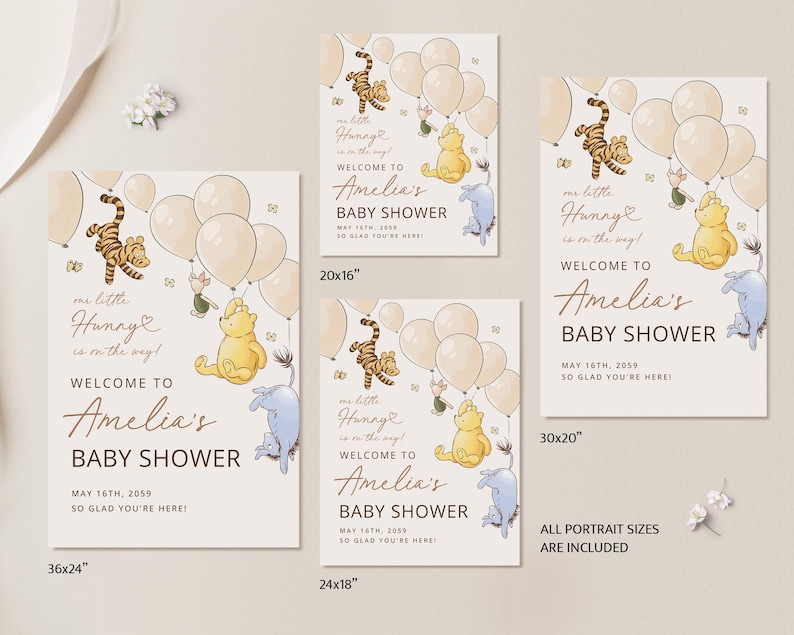 Pode incluir: Placa de ch&aacute; de beb&ecirc; com personagens de Winnie the Pooh, bal&otilde;es e o texto "Bem-vinda ao ch&aacute; de beb&ecirc; de Amelia". O design inclui ilustra&ccedil;&otilde;es de Tigr&atilde;o, Pooh e Leit&atilde;o. Dispon&iacute;vel em v&aacute;rios tamanhos.