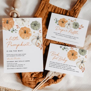 Paquete de plantillas de invitación para baby shower de Little Pumpkin, invitaciones editables para baby shower de género neutro y rústico de otoño, descarga instantánea digital