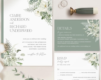 Sage Green Minimal Wedding Invitation Template, White Floral Modern Wedding Invite Set, Elegant Forest Greenery Details Card, Printable RSVP