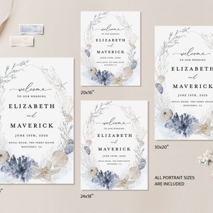 May include: A set of printable wedding welcome signs with a watercolor design featuring seashells, starfish, and coral in shades of blue and beige. The signs include the text "Welcome to our wedding", the couple's names "Elizabeth and Maverick", the date "June 19th, 2026", and the location "Royal Room, The Ferry House, Monterey, CA". The signs are available in four sizes: 36x24 inches, 24x18 inches, 20x16 inches, and 30x20 inches.