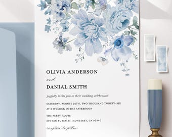 Dusty Blue Wedding Invitation Template, Steel Blue Floral Wedding Invite, Light Blue Invitation, Printable DIY Elegant Wedding Invite, Livia