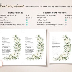 May include: A wedding invitation template with a white floral design and the text "Olivia Anderson and Theodore Wilson" in black font. The invitation includes the date and time of the wedding, the location, and the phrase "Reception to follow".