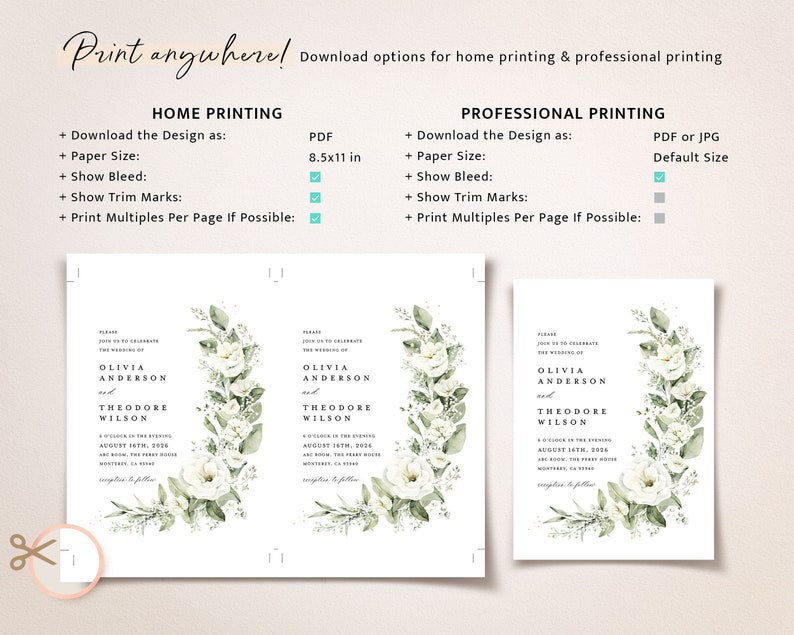 May include: A wedding invitation template with a white floral design and the text "Olivia Anderson and Theodore Wilson" in black font. The invitation includes the date and time of the wedding, the location, and the phrase "Reception to follow".