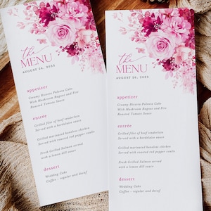 Szablon karty menu na przyjęcie weselne w kolorze gorącego różu, kwiatowe menu weselne, eleganckie, jasne, żywe, fuksjowe, różowe menu kolacji do wydrukowania, pobierz