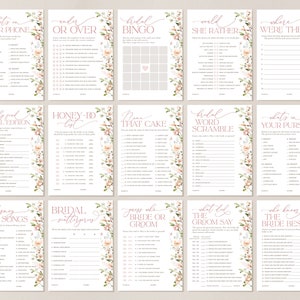 May include: A set of 10 printable bridal shower game cards with floral designs. The games include "What's on Your Phone", "Under or Over", "Bridal Bingo", "Would She Rather", "Where Were They", "Family Feud Bridal Edition", "Honey-Do List", "Name That Cake", "Bridal Word Scramble", "What's in Your Purse", "Disney Love Songs", "Bridal Scattergories", "Guess Who Bride or Groom", "What Did the Groom Say", and "Who Knows the Bride Best".