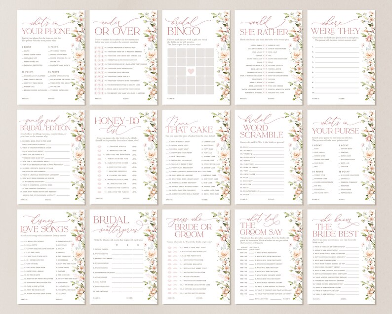 May include: A set of 10 printable bridal shower game cards with floral designs. The games include "What's on Your Phone", "Under or Over", "Bridal Bingo", "Would She Rather", "Where Were They", "Family Feud Bridal Edition", "Honey-Do List", "Name That Cake", "Bridal Word Scramble", "What's in Your Purse", "Disney Love Songs", "Bridal Scattergories", "Guess Who Bride or Groom", "What Did the Groom Say", and "Who Knows the Bride Best".