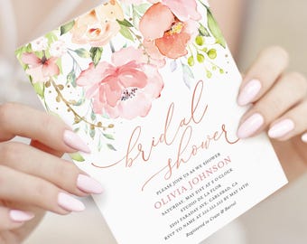 Boho Blush Pink Bridal Shower Invitation Template, Floral Shower Invites, Printable Rose Gold Shower Card, Editable Bohemian Shower Invite