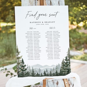 Berg Hochzeit Lange Tisch Sitzplan Schild, großes druckbares Waldwald Kiefer rustikal Gast Sitzplan Schild, bearbeitbares Schild