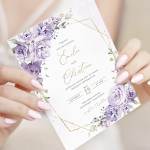 Lavender Floral Wedding Invitation Template, Lilac Gold Geometric Wedding Invite Card, Printable Elegant Boho Purple Invitations, Download