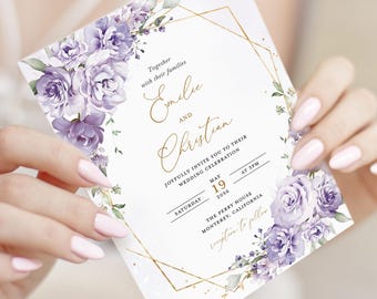 Lavender Floral Wedding Invitation Template, Lilac Gold Geometric Wedding Invite Card, Printable Elegant Boho Purple Invitations, Download