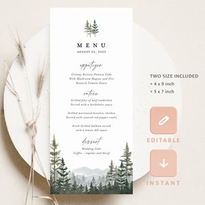 Berg Hochzeit Menü Vorlage, Wald Wald Wald Pine Empfang Menükarten, rustikale Salbei grün Abendmenü zum Ausdrucken, Printable, Instant Download