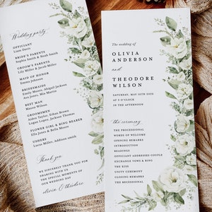 May include: Wedding ceremony program with white and green floral illustrations. The program includes the names of the wedding party, the officiant, and the ceremony order. The text reads "The wedding of Olivia Anderson and Theodore Wilson, Saturday, May 16th 2026 at 3 o'clock in the afternoon."