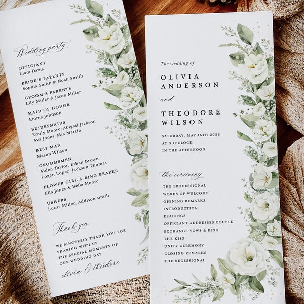 White Floral Wedding Programs Template, Sage Ceremony Program, Boho Elegant Greenery Flower Garden Itinerary, Printable, Instant Download