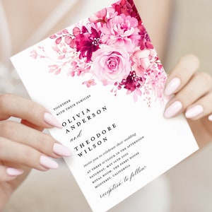 Hot Pink Hochzeitseinladung Vorlage, Floral Elegante Magenta Hochzeit lädt Karte, Printable helle lebendige Fuchsia Einladungen, Download