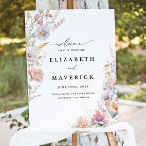 Modello di cartello di benvenuto per matrimonio Boho Wildflower, cartello decorativo per reception colorato pastello, grande segnaletica stampabile da giardino, cipria, lilla giallo