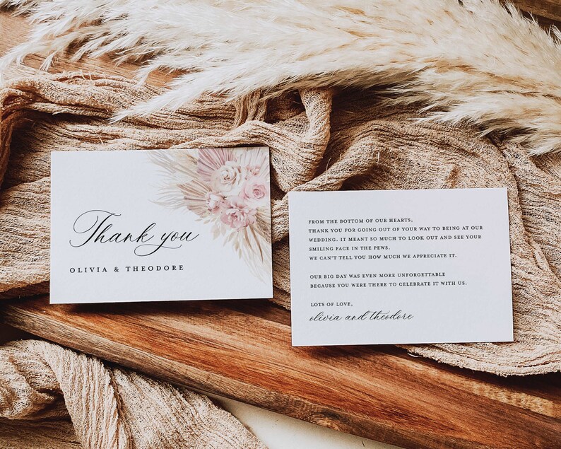 Blush Pink Wedding Thank You Card Template, Boho Floral Thank You Note ...