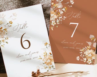 Terracotta Wedding Table Numbers Card Template, Boho Floral Table Numbers, Elegant Burnt Orange Brown Beige Printable Table Number Cards
