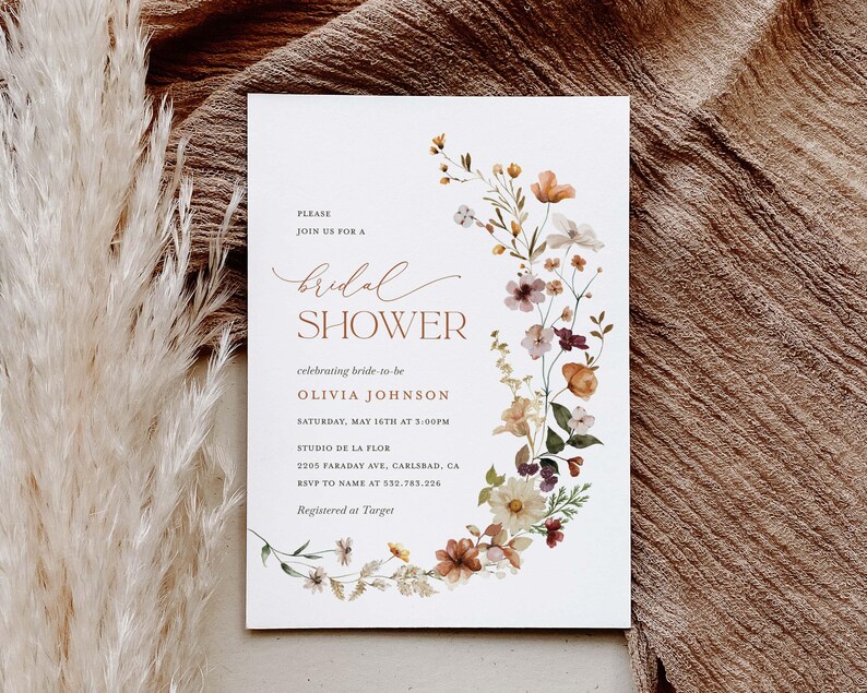 Terracotta Bridal Shower Invitation Template, Boho Wildflower Shower Invites, Printable Editable Floral Burnt Orange Shower, Download image 4