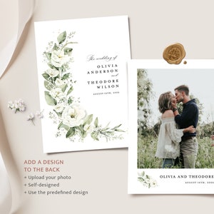 May include: A wedding invitation with a white floral design and the text "The wedding of Olivia Anderson and Theodore Wilson, August 14th, 2016". The back of the invitation has a photo of a couple kissing and the text "Olivia and Theodore, August 14th, 2016".