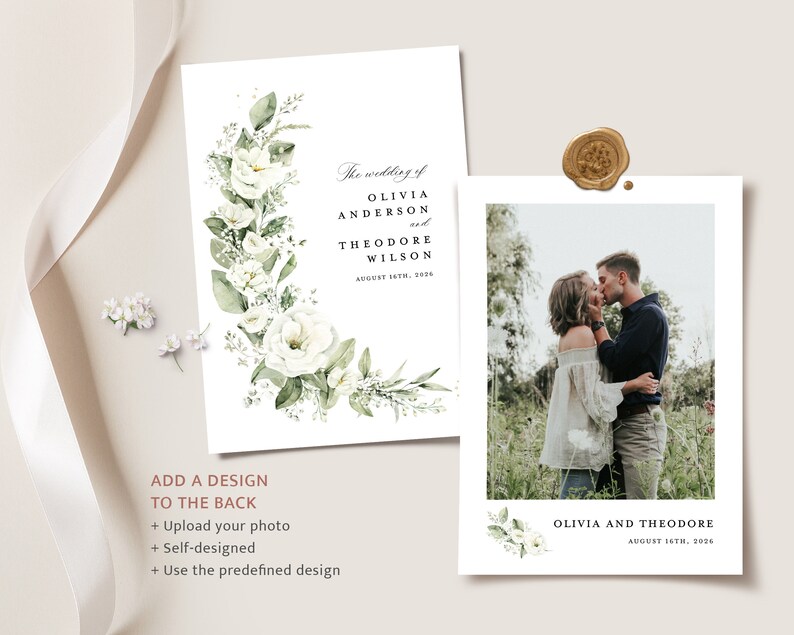 May include: A wedding invitation with a white floral design and the text "The wedding of Olivia Anderson and Theodore Wilson, August 14th, 2016". The back of the invitation has a photo of a couple kissing and the text "Olivia and Theodore, August 14th, 2016".