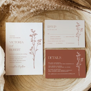 Terracotta Minimalist Wedding Invitation Template Set, Botanical Rust Wedding Invite Suite, Elegant Modern Simple Details, RSVP, Download