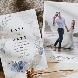 Boho Strand Save The Date Vorlage, Ozeanblau Foto Hochzeit Save The Dates, Nautisches Hochzeitsdatum, druckbares Ziel Save The Date Karten