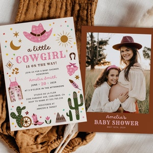 Little Cowgirl Baby Shower Invitation Template, Western Pink Baby Shower Invites, Editable Wild West Desert Baby Shower, Instant Download