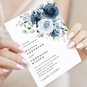 Dusty Blue Navy Hochzeitseinladung Vorlage, Floral Boho Hochzeit lädt Karte, Elegante Garten Stahl hellblau Rose Einladungen, Download