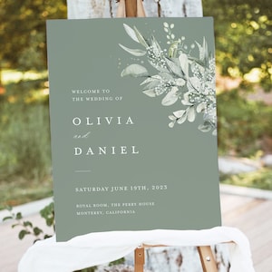 Modelo de sinal de boas-vindas de casamento minimalista, sinal editável verde sábio, sinal de decoração de recepção de vegetação de eucalipto, sinalização grande imprimível, Cloe