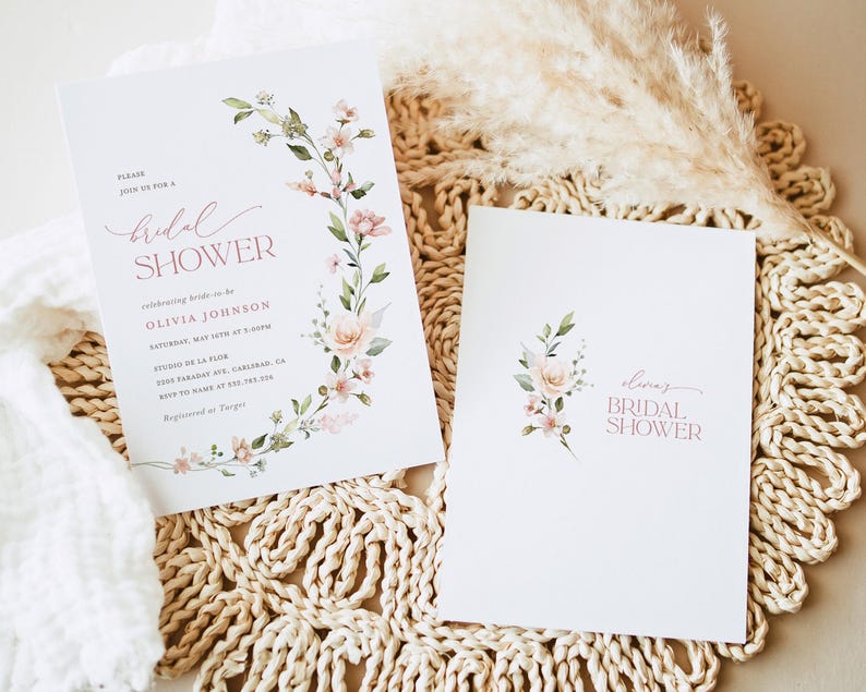 Boho Floral Bridal Shower Invitation Template, Blush Pink Minimalist Shower Invite, Printable Dusty Pale Rose Shower, Editable Invite, Leah image 5