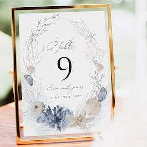 Blaue Strand Hochzeit Tischnummern Kartenvorlage, Ozean Boho Tischnummern, Elegante Nautische Muschel Ziel druckbare Zahlenkarten