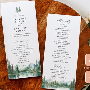 Modello di programmi di matrimonio in montagna, programma di cerimonia sul lago, itinerario verde salvia rustico di pino forestale, download immediato stampabile