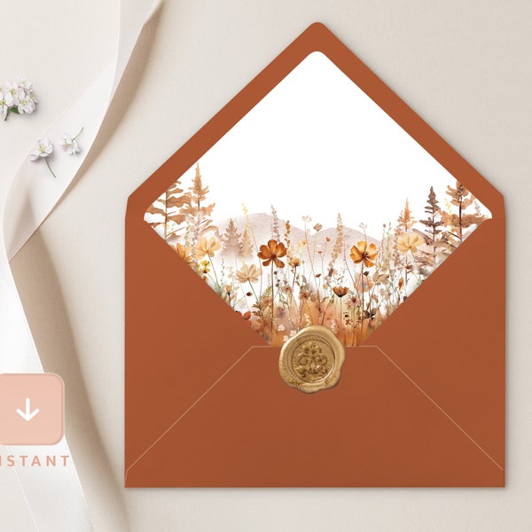 Fall Mountain Envelope Liner, Terracotta Wildflower A6 and A7 Euro flap & Square Flap Template, Printable Rust Forest Wedding Envelope Liner