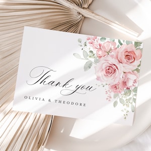 Blush Pink Wedding Thank You Card Template, Floral Sage Thank You Note, Elegant Boho Greenery Rose Thanks Table Place Card, Instant Download