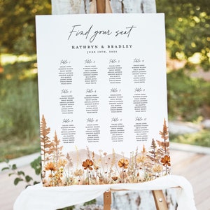 Plantilla de signo de tabla de asientos de boda de montaña de otoño, tablero de tabla de asientos para invitados grande del bosque de terracota de flores silvestres, asientos de mesa imprimibles