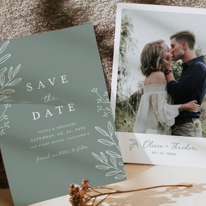 Salbei Grün Save The Date Vorlage, Minimalistische Foto Hochzeit Save The Dates, Elegante Moderne Grünpflanzen Save The Date Karten