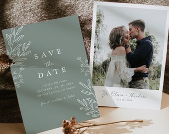 Salbei Grün Save The Date Vorlage, Minimalistische Foto Hochzeit Save The Dates, Elegante Moderne Grünpflanzen Save The Date Karten