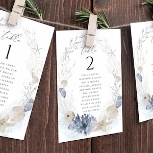 Modèle de carte de carte de mariage bleu plage océan table graphique, numéros de Table Boho, Destination nautique modifiable suspendu sièges conseil téléchargement