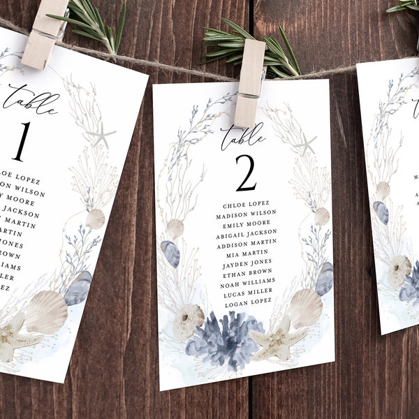Blue Beach Ocean Wedding Seating Chart Card Template, Boho Table Numbers, Editable Nautical Destination Hanging Guest Seating Board Download