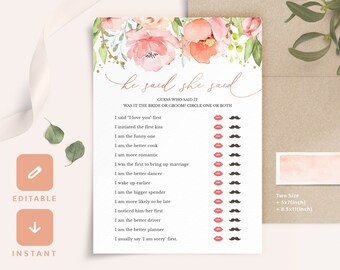 Editable He Said She Said Bridal Shower Games Virtual Bachelorette Wedding Blush Pink Rose Gold Floral Printable Templates Instant Download